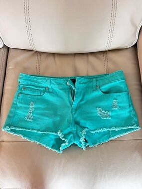 Forever 21 Distressed Denim Shorts Women 28 Teal Frayed Low Rise Festival Summer